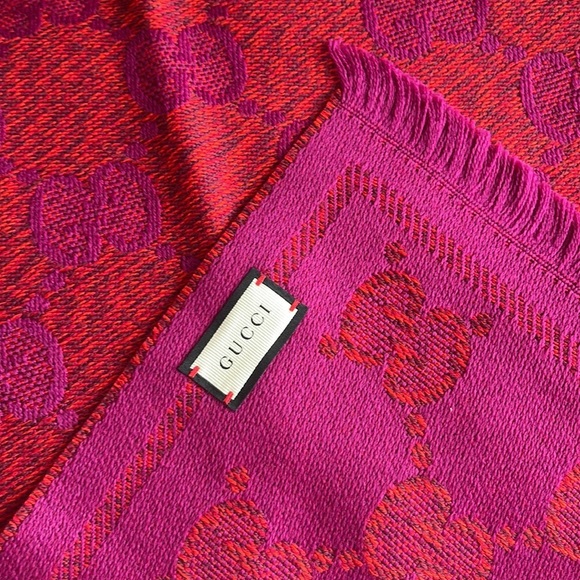 GUCCI EMBROIDERED GG Supreme 45x95 Women’s Scarf Flame Pink BNWT Made In Italy - Picture 12 of 16